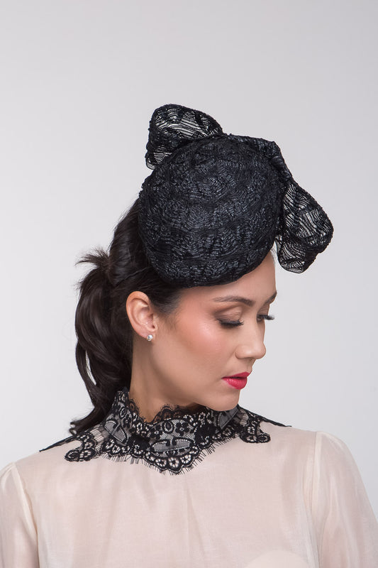 Black Lace Braid Beret with Back BowBy Felicity Northeast Millinery