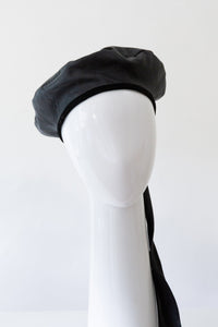 Black Leather Beret with Detachable Scarf