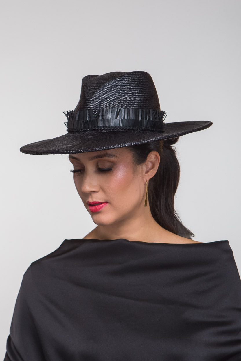 Black Panama Fedora with Fringing By Felicity Northeast Millinery