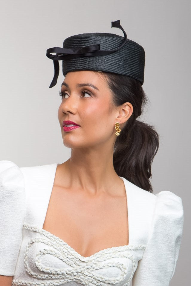 Black Statement Pillbox with Silk Bow by Felicity Northeast Millinery