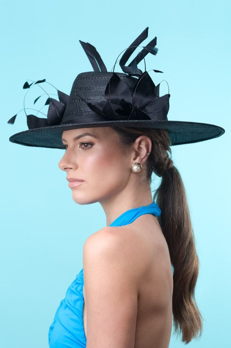 Black Wide Brimmed Hat with Flowers By Felicity Northeast Millinery
