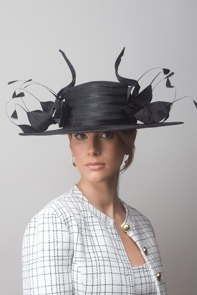 Black Wide Brimmed Hat with Flowers By Felicity Northeast Millinery