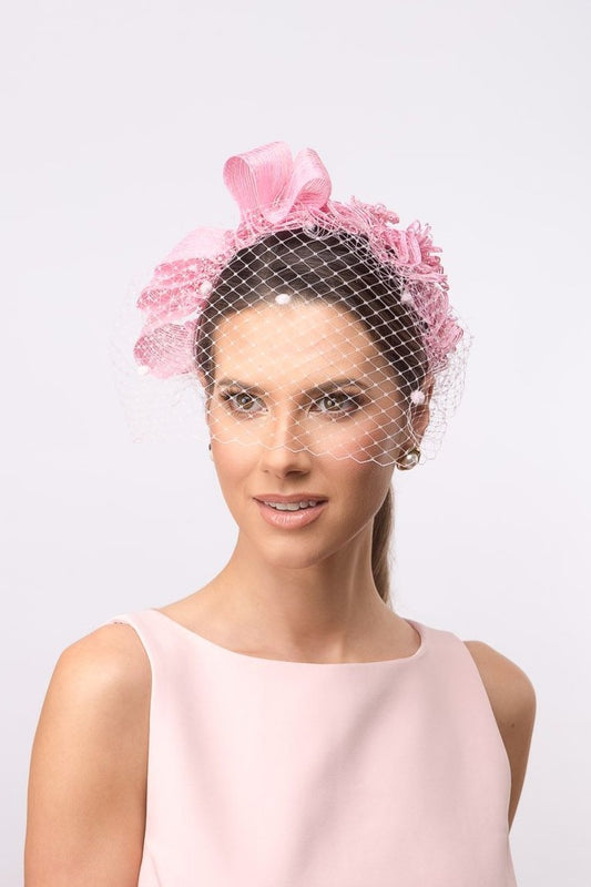 Pink Veiled Braid Headband with Bow by Felicity Northeast Millinery