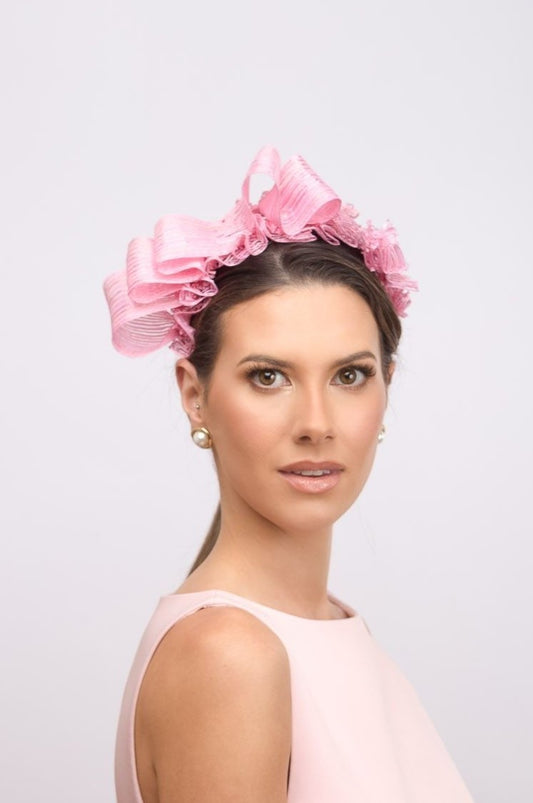 Pink Veiled Braid Headband with Bow by Felicity Northeast Millinery