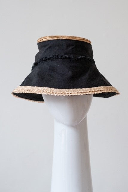 Bucket Travel Sun Hat in Black and Straw Braid