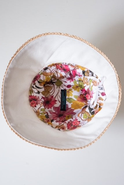 Bucket Travel Sun Hat in White and Straw Braid