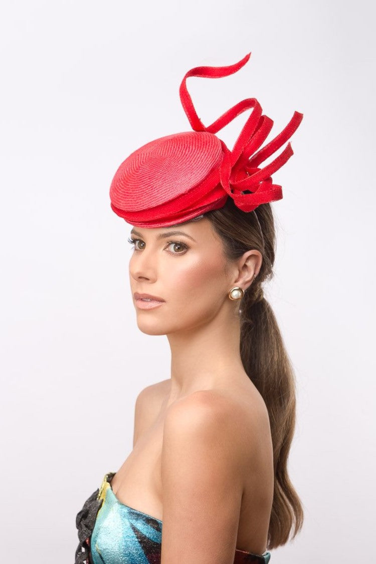 Folded Red Button Hat with Braid Bows by Felicity Northeast Millinery