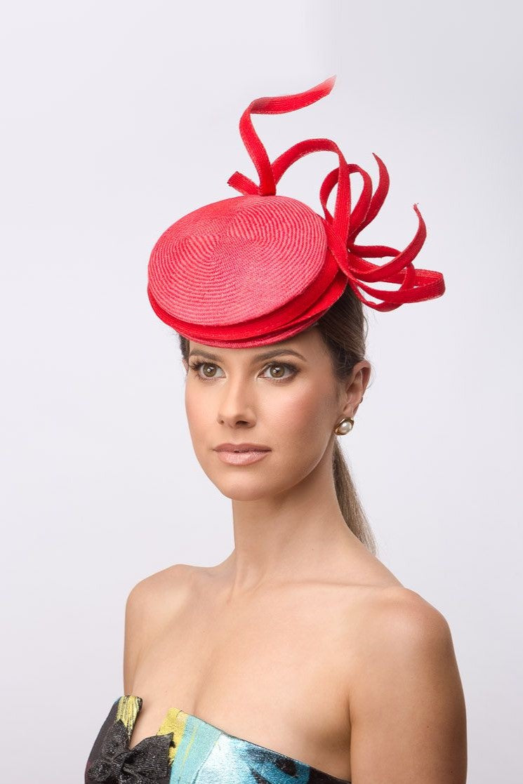 Folded Red Button Hat with Braid Bows by Felicity Northeast Millinery