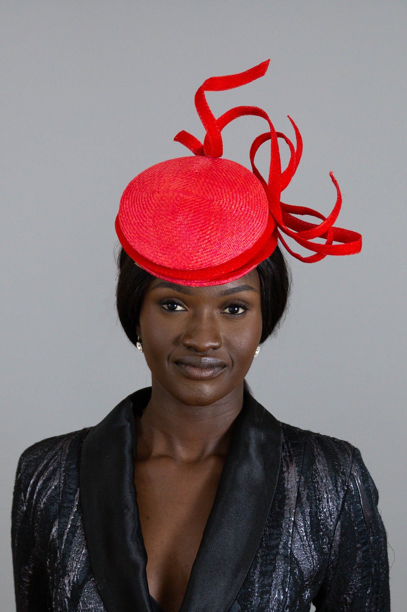 Folded Red Button Hat with Braid Bows by Felicity Northeast Millinery