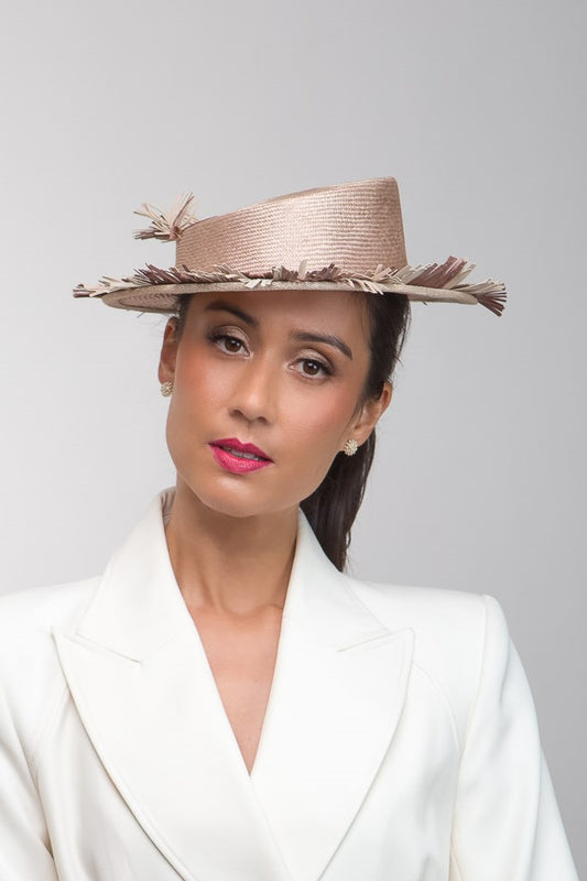 Fringed Straw Boater in Natural Tones By Felicity Northeast Millinery