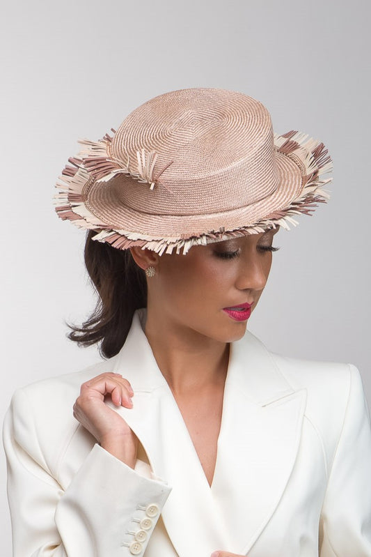 Fringed Straw Boater in Natural Tones By Felicity Northeast Millinery