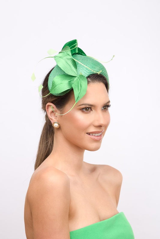 Green Bandeau with Curling Silk Petals by Felicity Northeast Millinery
