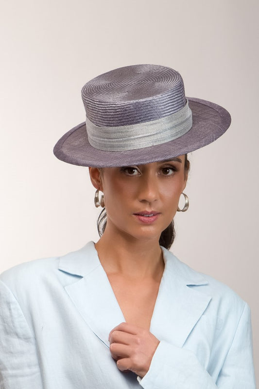 Grey Straw Boater with metallic Highlights By Felicity Northeast Millinery