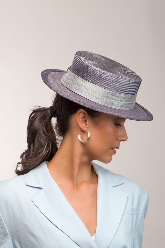 Grey Straw Boater with metallic Highlights By Felicity Northeast Millinery