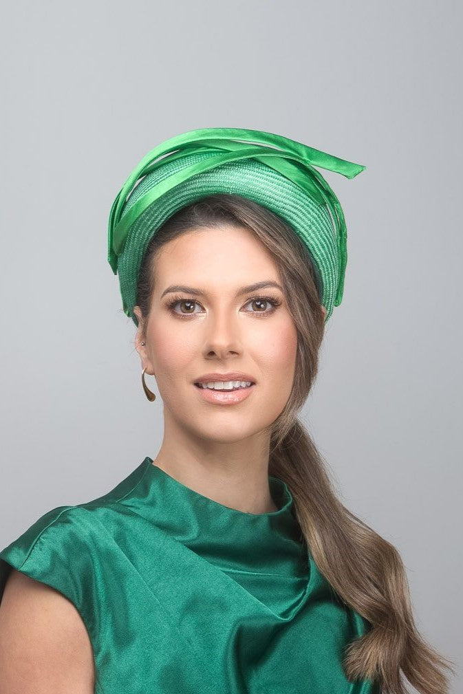 High Halo in Green with Silk Stripe Trim by Felicity Northeast Millinery