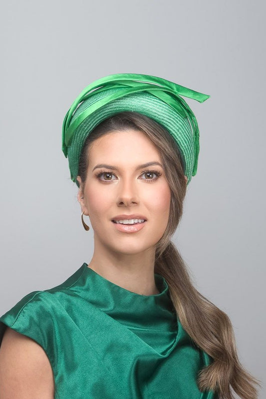 High Halo in Green with Silk Stripe Trim by Felicity Northeast Millinery