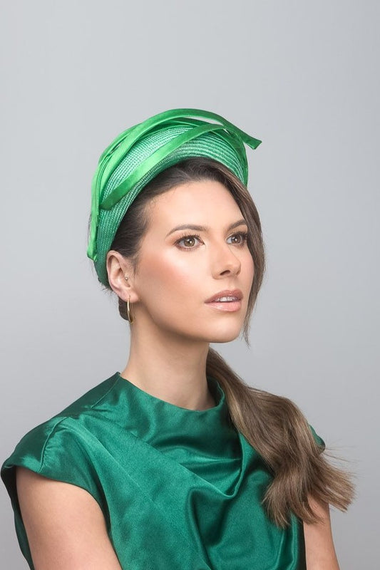 High Halo in Green with Silk Stripe Trim by Felicity Northeast Millinery
