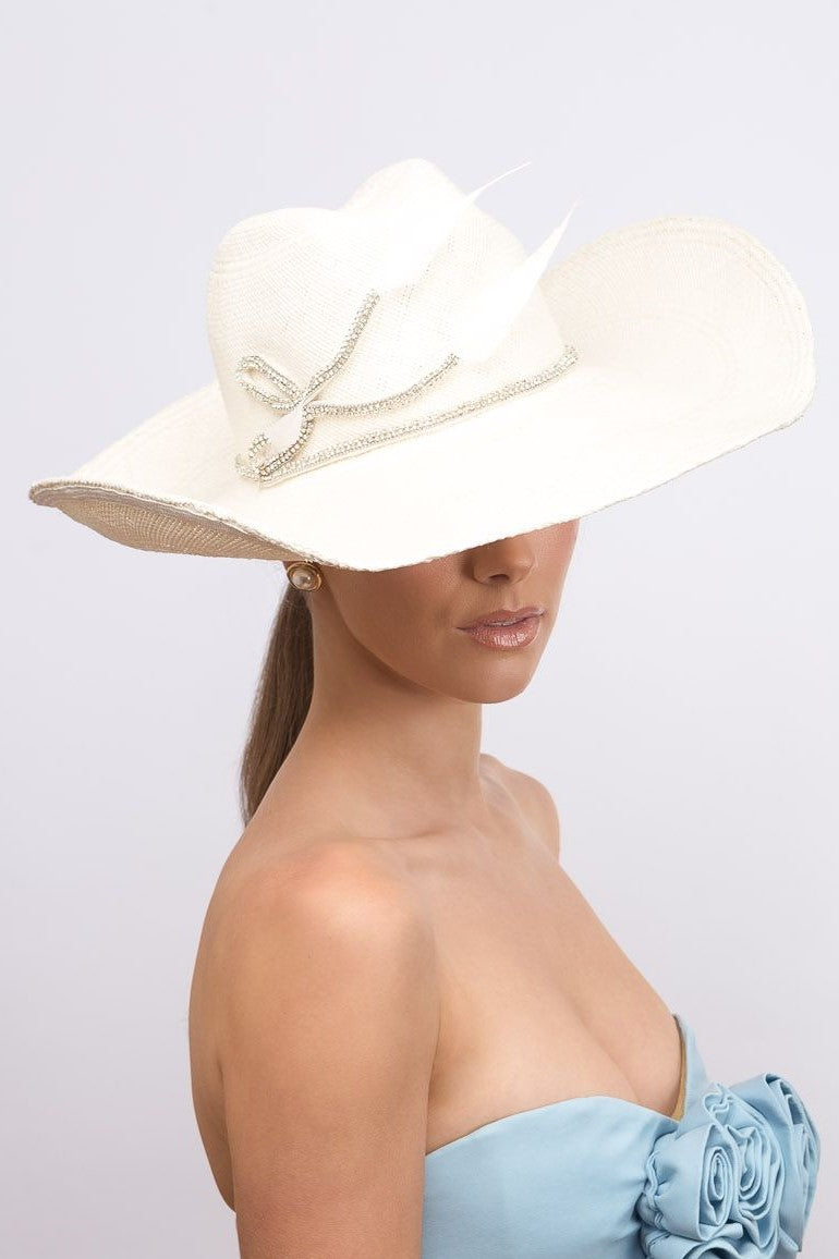 Ivory Cowgirl Hat with Diamante Bow By Felicity Northeast Millinery