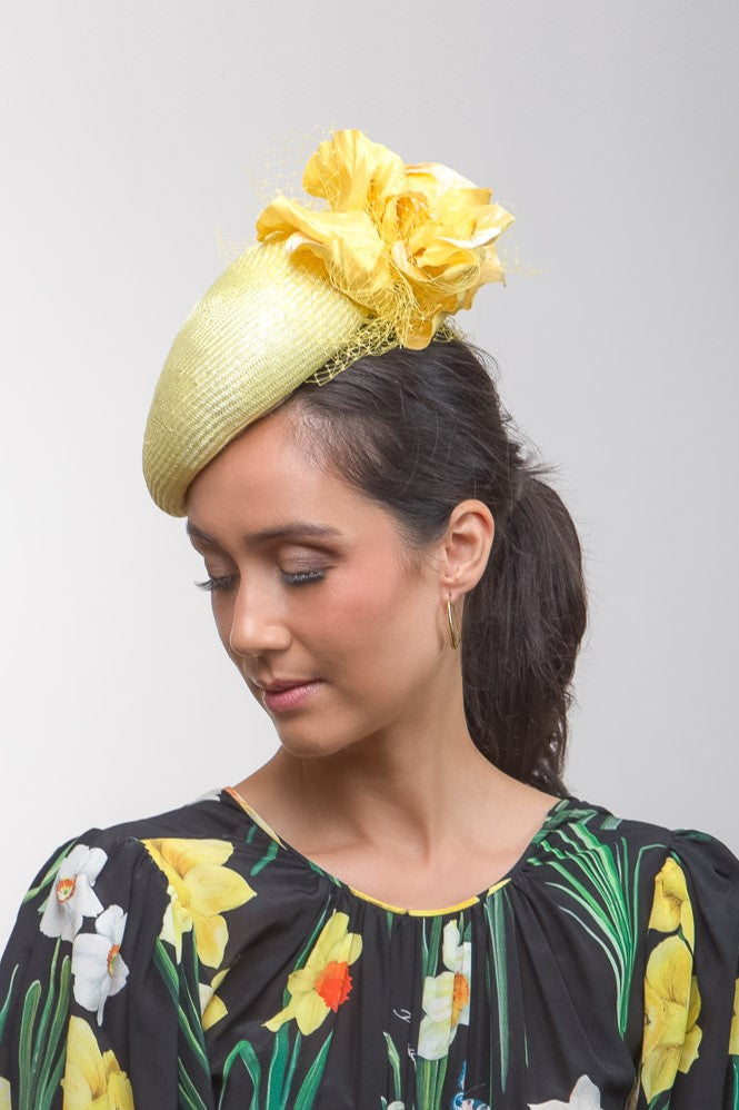 Lemon Beret with Side Silk Flower by Felicity Northeast Millinery