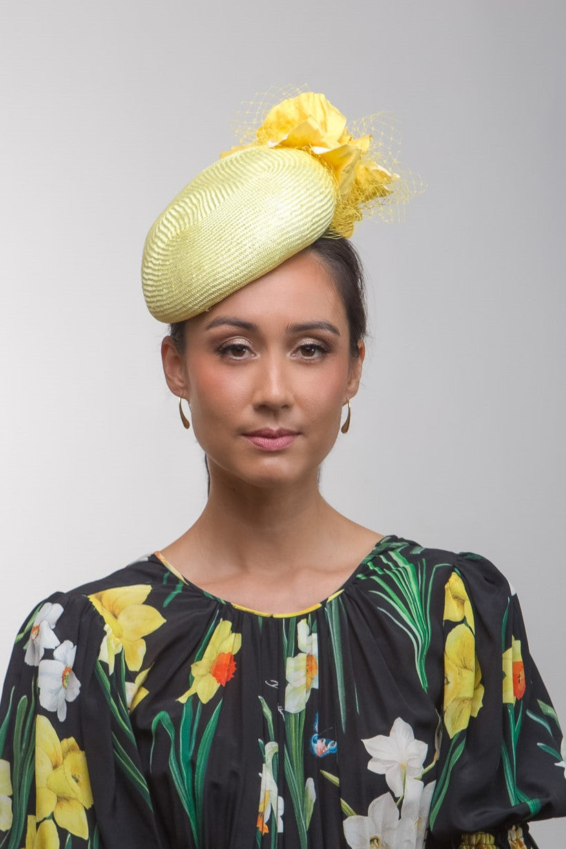 Lemon Beret with Side Silk Flower by Felicity Northeast Millinery