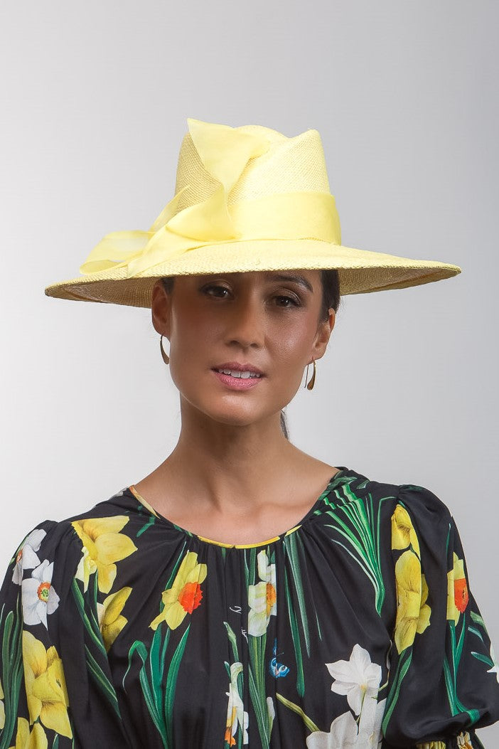 Lemon Slanted Fedora with Soft Organza Bow By Felicity Northeast Millinery