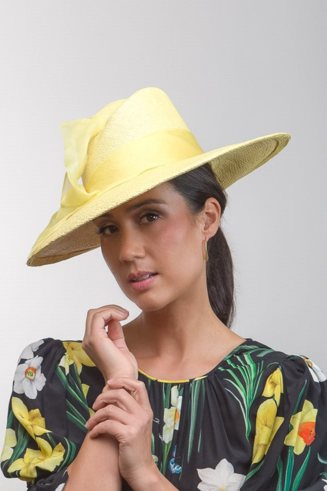 Lemon Slanted Fedora with Soft Organza Bow By Felicity Northeast Millinery