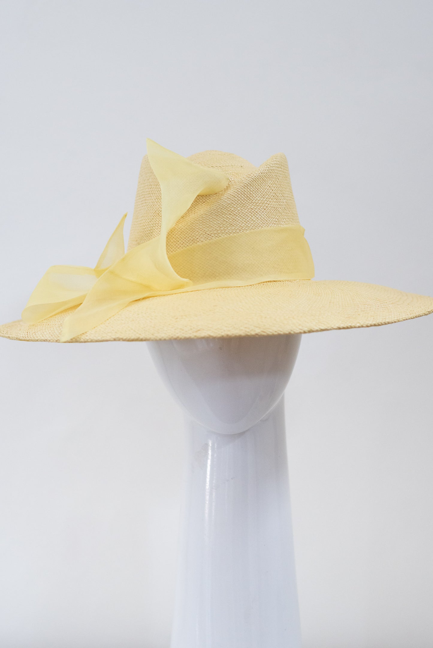 Lemon Slanted Fedora with Soft Organza Bow By Felicity Northeast Millinery