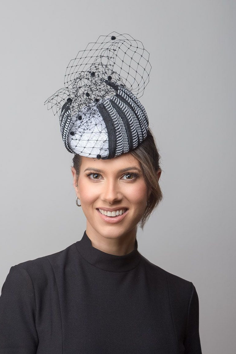 Monochrome Button Hat with Arching Stripes by Felicity Northeast Millinery