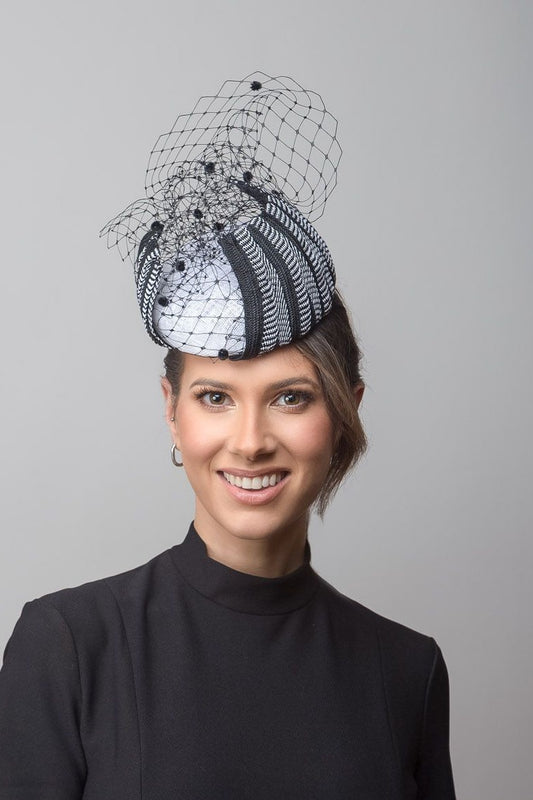 Monochrome Button Hat with Arching Stripes by Felicity Northeast Millinery