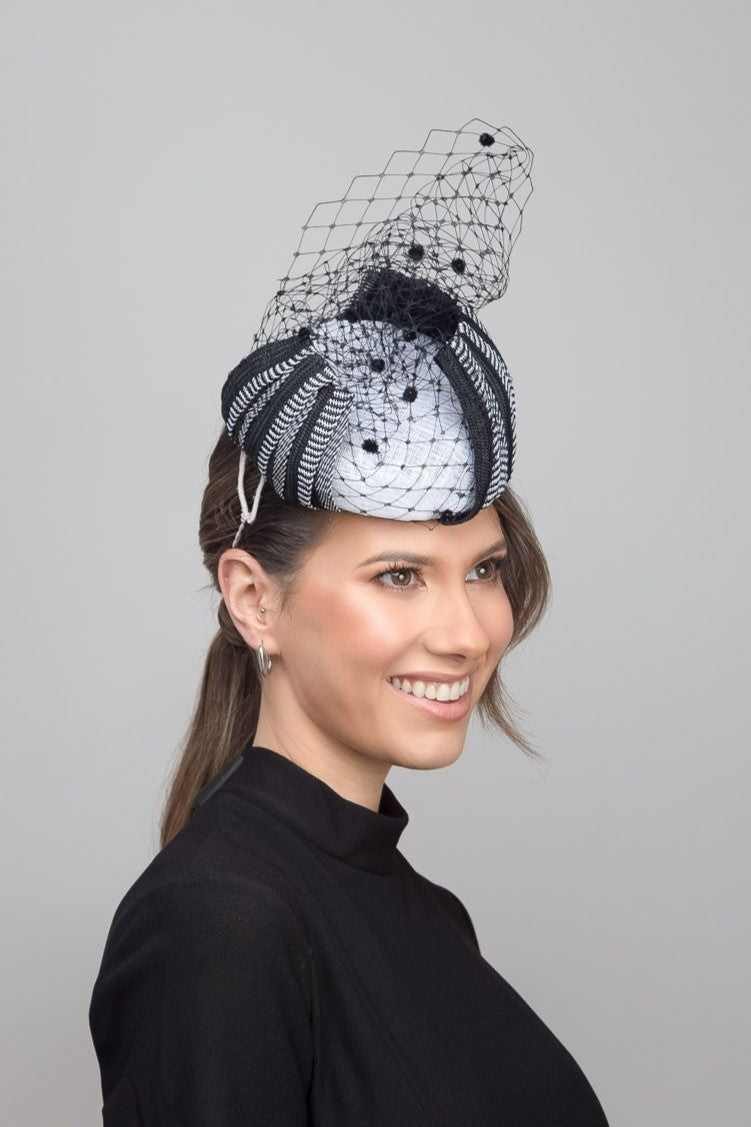 Monochrome Button Hat with Arching Stripes by Felicity Northeast Millinery