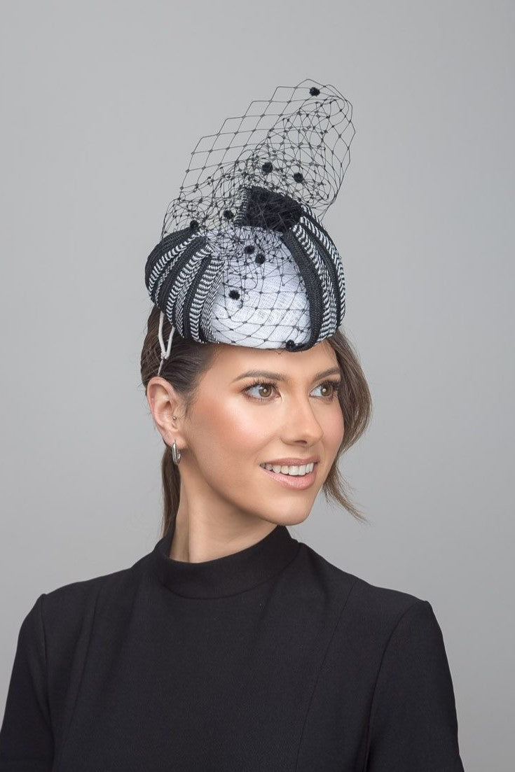 Monochrome Button Hat with Arching Stripes by Felicity Northeast Millinery
