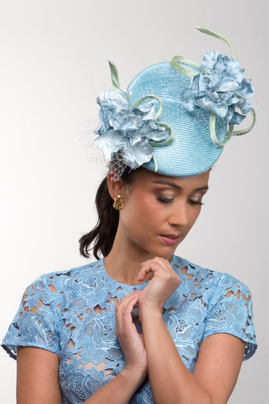 Pale Blue Raised Beret with Floating Flowers By Felicity Northeast Millinery