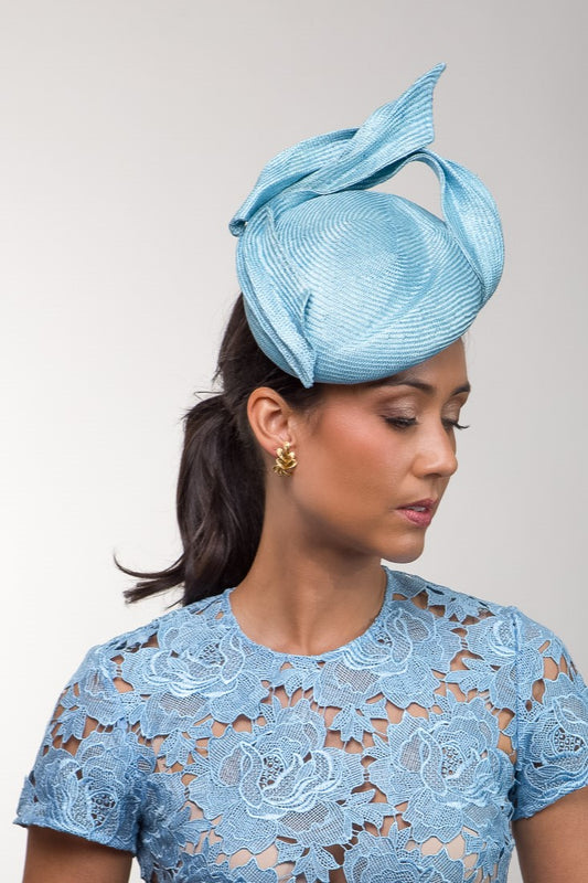 Pale Blue Side Beret with Sculptural Leaves  by Felicity Northeast Millinery