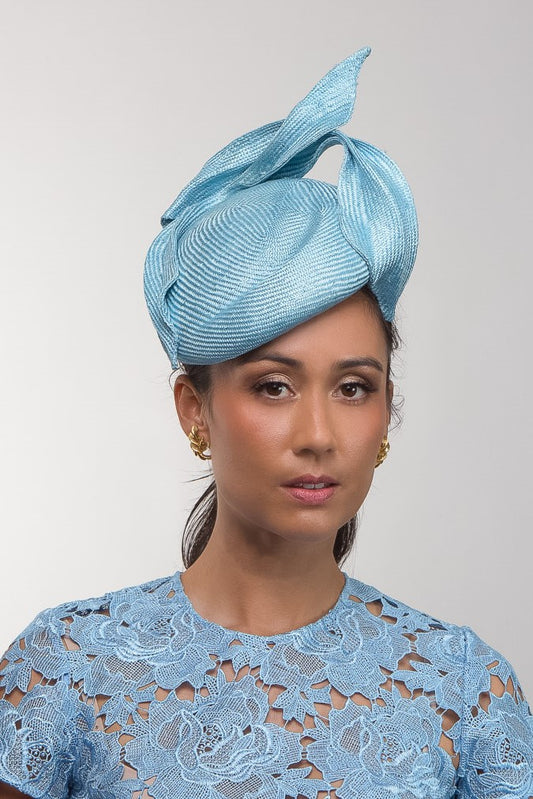 Pale Blue Side Beret with Sculptural Leaves  by Felicity Northeast Millinery