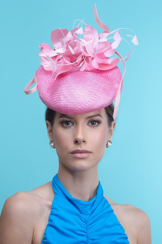 Pink Beret Hat with Silk Feathered Flowers by Felicity Northeast Millinery
