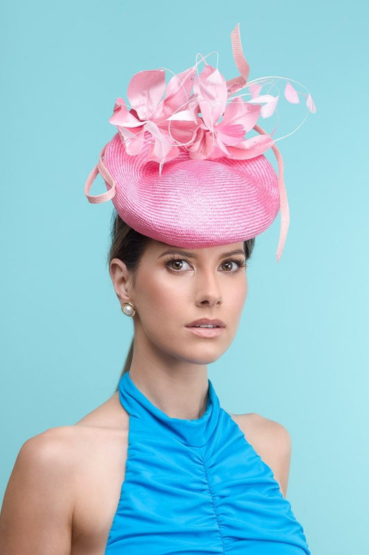 Pink Beret Hat with Silk Feathered Flowers by Felicity Northeast Millinery