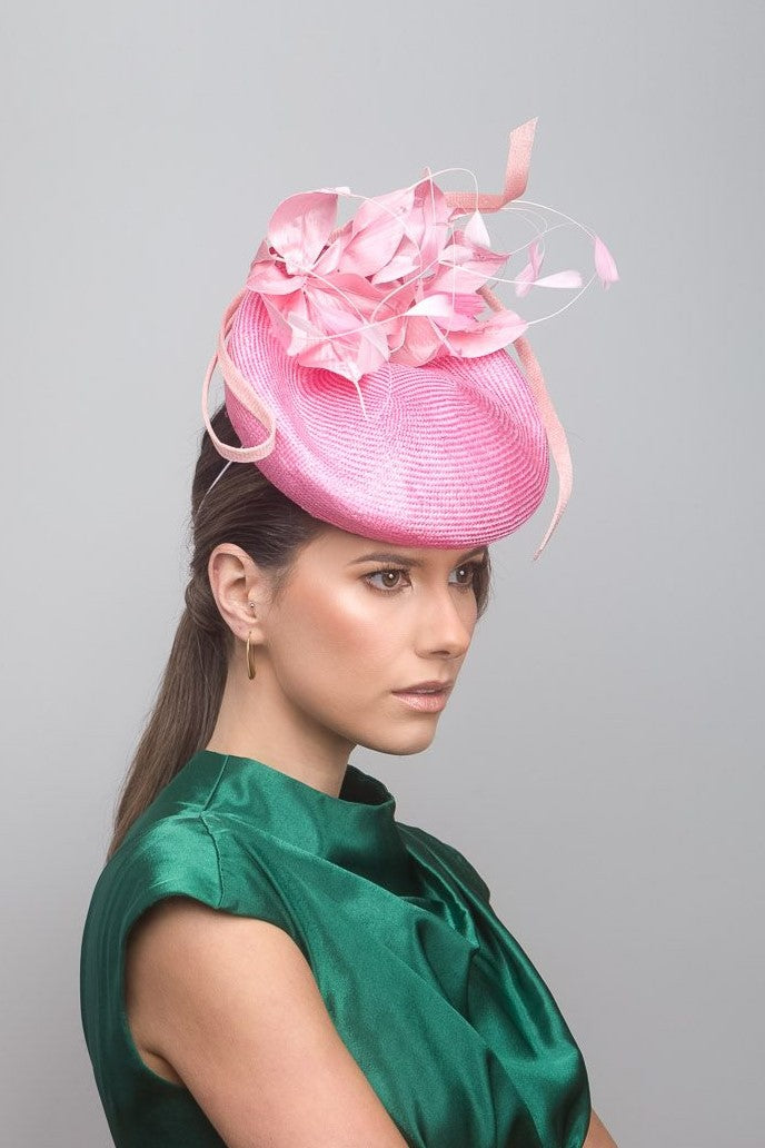 Pink Beret Hat with Silk Feathered Flowers by Felicity Northeast Millinery