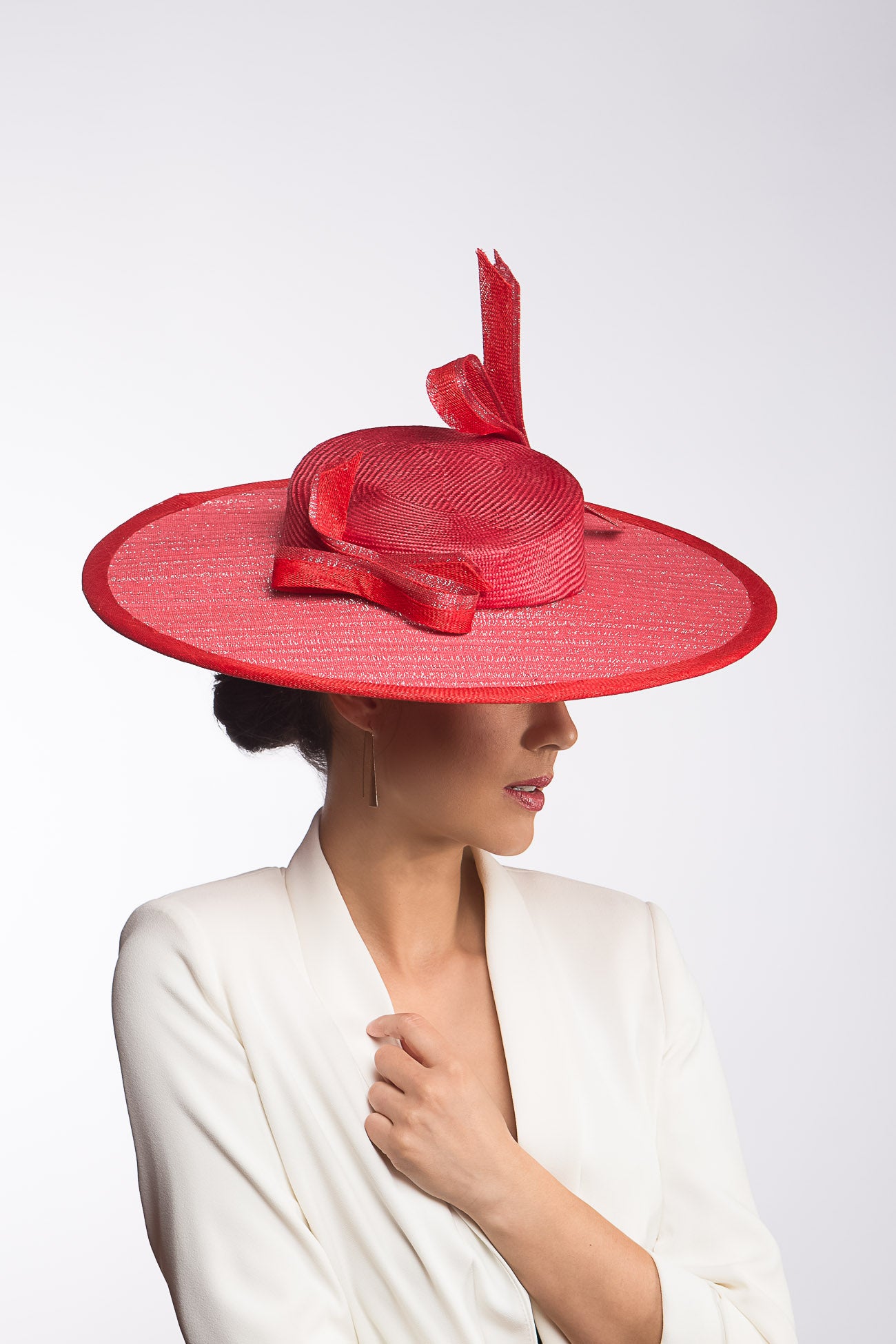 Red Boater with Stylised Bows By Felicity Northeast Millinery