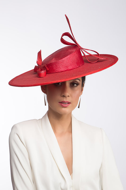 Red Boater with Stylised Bows By Felicity Northeast Millinery
