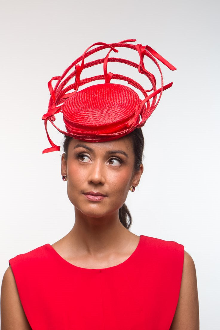 Red Button Hat with Floating Bows by Felicity Northeast Millinery