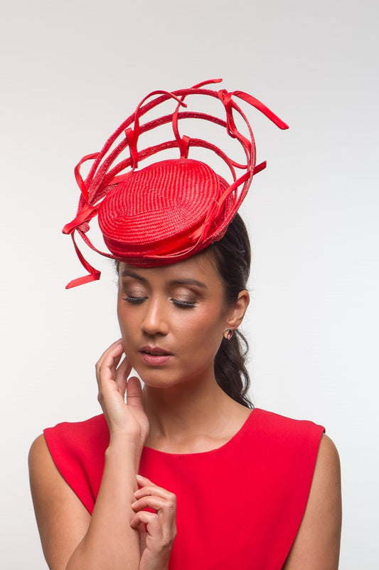 Red Button Hat with Floating Bows by Felicity Northeast Millinery