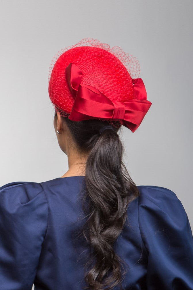 Red Pillbox with Silk Bow and Veiling by Felicity Northeast Millinery