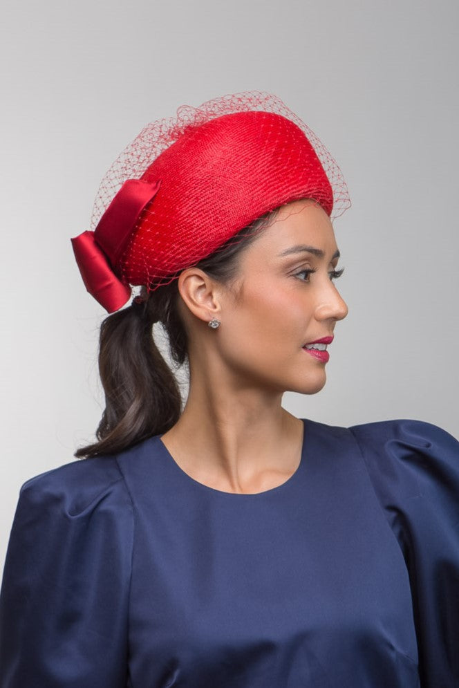 Red Pillbox with Silk Bow and Veiling by Felicity Northeast Millinery