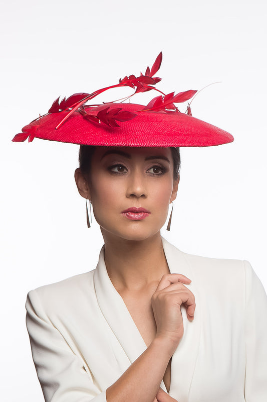 Red Platter Hat with Floating Feathers By Felicity Northeast Millinery