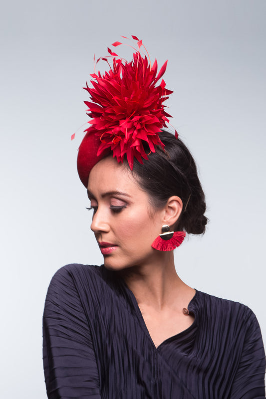 Red Side Beret with Pom Pom Chrysanthemum by Felicity Northeast Millinery