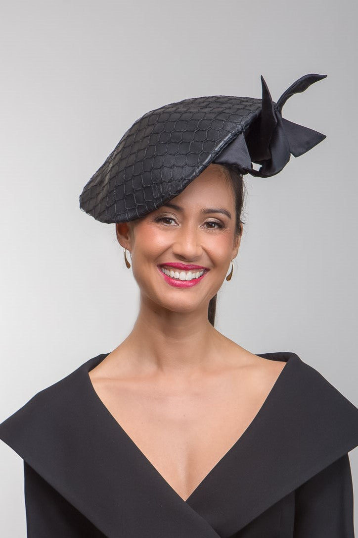 Sculptural Black Platter Hat in Leather