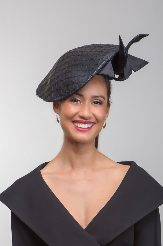 Sculptural Black Platter Hat in  Leather