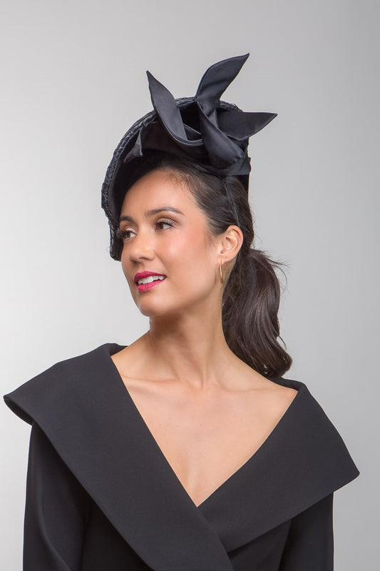 Sculptural Black Platter Hat in  Leather by Felicity Northeast Millinery