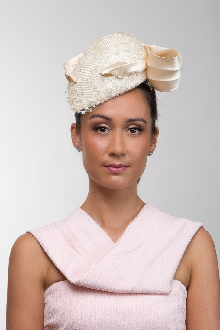 Side Beret with Silk Bow in Cream Platter by Felicity Northeast Millinery
