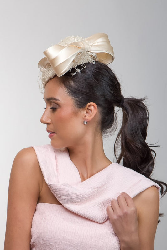 Side Beret with Silk Bow in Cream Platter by Felicity Northeast Millinery